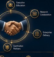 DOS partnership ecosystem connecting executive education, research, enterprise delivery, certification and licensing.